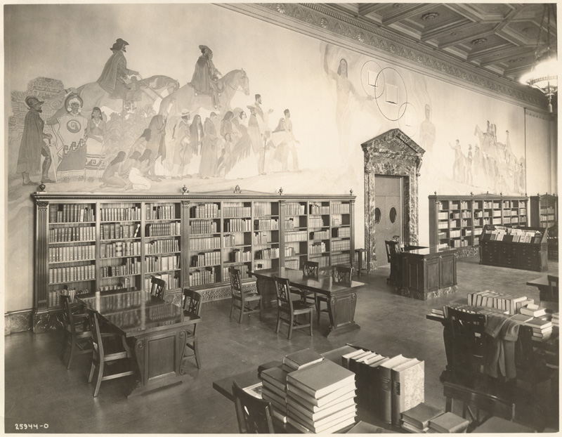 Black and white photo of the interior of Gillis Hall.