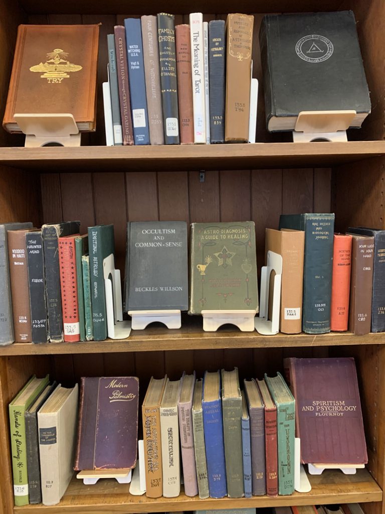 Color photo of library books on shelves.