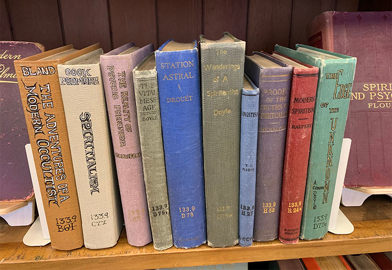 Color photo of library books on a shelf.