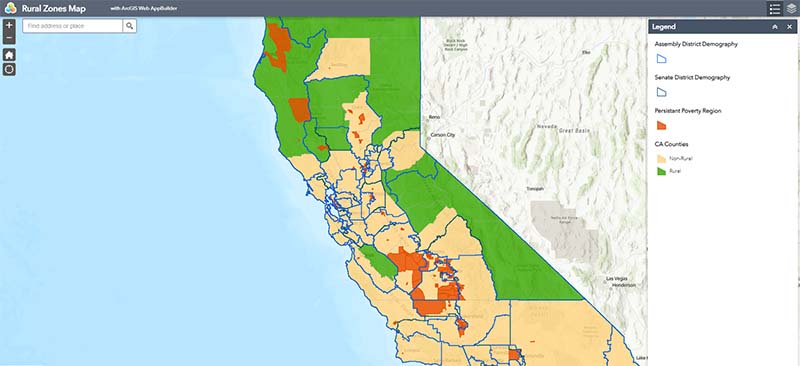 Screenshot of the Rural Zones Map interactive, showing rural and non-rural areas of California, overlayed with distinct Senate and Assembly district lines and persistent poverty regions.