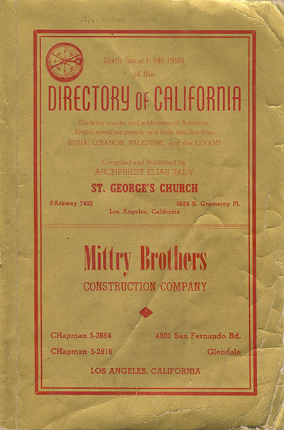 The cover of the sixth issue of the Directory of California is gold with red text and has an advertisement for Mittry Brothers Construction Company from Los Angeles on the lower half.