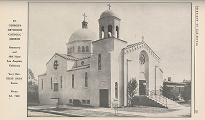 An advertisement page from the Directory of California featuring a black and white image of St. George’s Orthodox Catholic Church which has arched windows, stained glass, and two domed roofs.