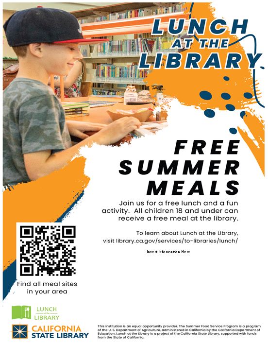 Smiling boy sitting at a table with books on shelves in background with Lunch at the Library text. Underneath this a QR code and generic text promoting the Lunch at the Library program.