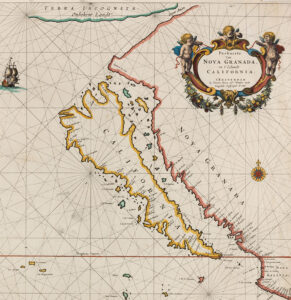 Map showing California as an island outlined in yellow with another land mass to the right outlined in pink and titled “Nova Granada.”