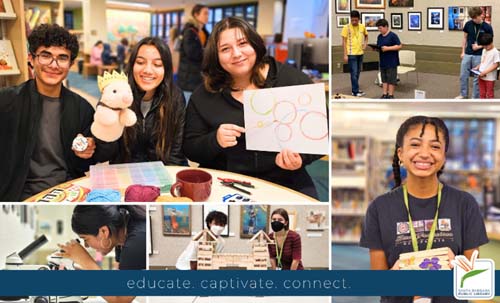 A collage of teen interns doing library work involving art, crafts and presentations