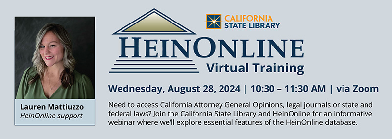 Event advertisement with text that reads, HeinOnline Virtual Training on Wednesday August 8, 2024, 10:30 - 11:30 AM, via Zoom.