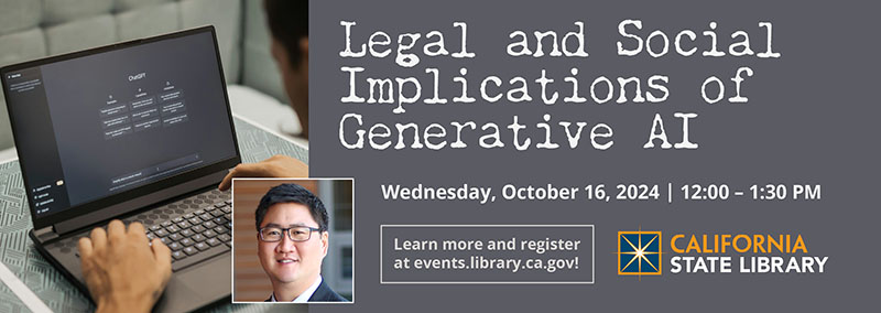 Graphic advertising "Legal and Social Implications of Generative AI" Wednesday, October 16, 12:00 pm.