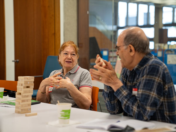 Woman and man talking.