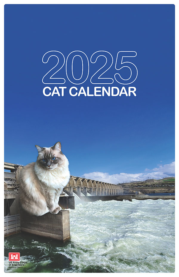 Cover of the 2025 Cat Calendar. An enormous cat with blue eyes and slightly fluffy cream-colored fur with light tan stripes and gray facial markings sits on a concrete wall jutting out from the Dalles Lock and Dam. Its head appears to rise well above the top of the dam.