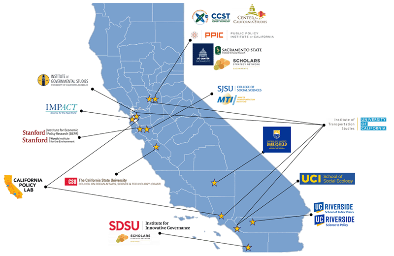 A Map of California with each CRB Nexus partner's logo connected to where the organization is located in California.
Institute of Governmental Studies in Berkeley, UCSF Impact program in San Fransisco, Stanford CAPRI and Woods Institute in Palo Alto, California Policy Lab in Berkeley and Los Angeles, Institute for Innovative Governance at San Diego State University, CSU COAST located in Monterey, CCST in Sacramento, CSU Center for California Studies in Sacramento, PPIC in Sacramento, CSU Institute for Social Research in Sacramento, Scholars Strategy Network in Sacramento, College of Social Sciences at San Jose State University, Mineta Transportation Institute at San Jose state University, Center for Economic Education and Research at CSU Bakersfield, UC Institute of Transportation Studies at Berkeley, Davis, Irvine, and Los Angeles, UC Riverside Science to Policy, and UC Riverside School of Public Policy.