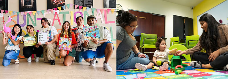 Two side by side color images. In the first, a group of six kneeling teenagers hold colorful children's books in their hands in front of a sign that says Sun-Sational. In the second image, who smiling women hand a slice of pizza to a small child sitting on a colorful carpet.