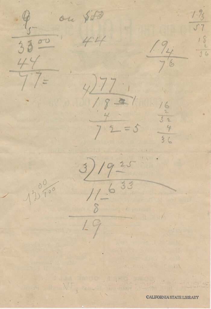 Addition and division problems written in pencil on the back of the Women’s Afro-American League handbill.