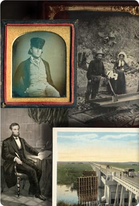 Collage of images: photo of a man in hat and suit, photo of a man and woman standing beside a mining sluice, a drawing of Abraham Lincoln, and a color photograph of a long bridge over wetlands.