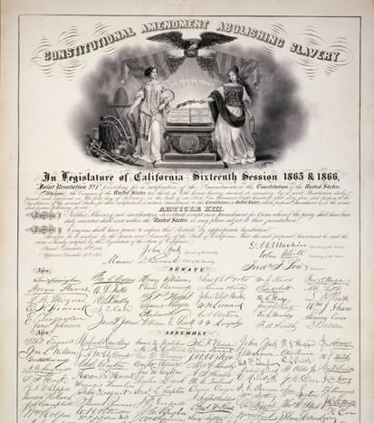 black and white image of document containing all the signatures of the California legislators who ratified the 13th Amendment