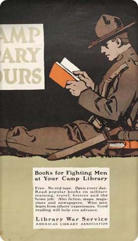 Poster with illustration of man in old military uniform sitting and reading a book. Text: Books for Fighting Men at Your Camp Library.