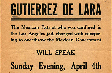 A close-up of a poster advertising a speech given by Gutierrez De Lara.