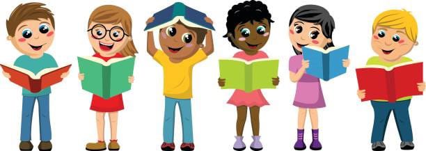 Cartoon drawing of children with different skin colors holding books