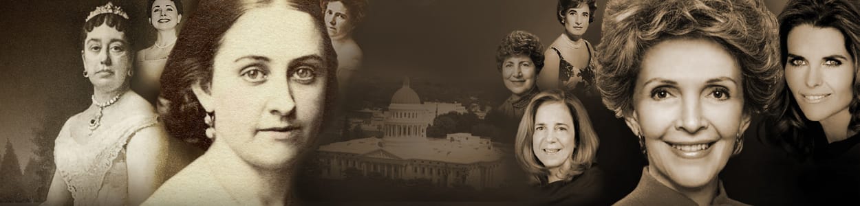 Collage of portraits of several women in formal clothing with a photo of the Capitol building area in the background.