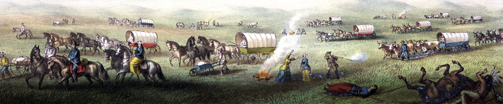 Panoramic painting of wagon trains crossing low hills. In the foreground, a pioneer shoots a rifle at a Native American, whose horse has fallen over.