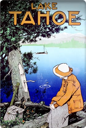 Poster with illustration of a woman sitting on a fallen tree and looking across a lake. A fish jumps in the near distance, and in the background is a sailboat. Text: Lake Tahoe.