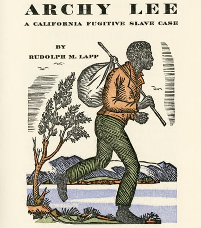 title page of book about Archy Lee, shows an illustration of a man walking with a bindle over his shoulder