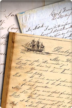 Photo of a stack of three documents, handwritten in cursive. The top document has a sketch of a three-masted ship.