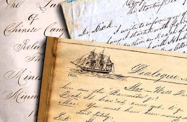 Three handwritten documents, the uppermost bears an image of a sailing ship.