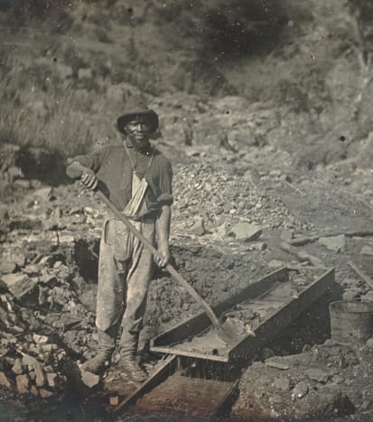 daguerreotype photograph of an unidentified African American man mining for gold near Auburn Ravine in 1852