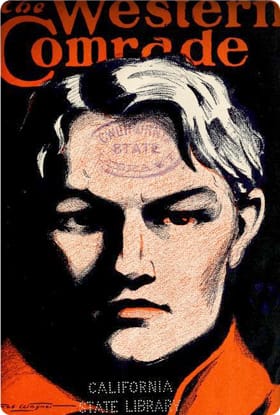 Magazine cover featuring an illustration of a man with white hair, dressed in red, staring out at the viewer, with text: The Western Comrade.