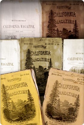 Photo of a stack of several editions of California Magazine. The cover illustration is of a valley with sparse pine trees.