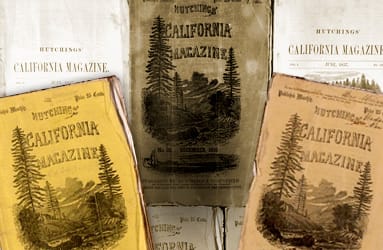 Several issues of California Magazine, three of them have a cover image showing trees and mountains.