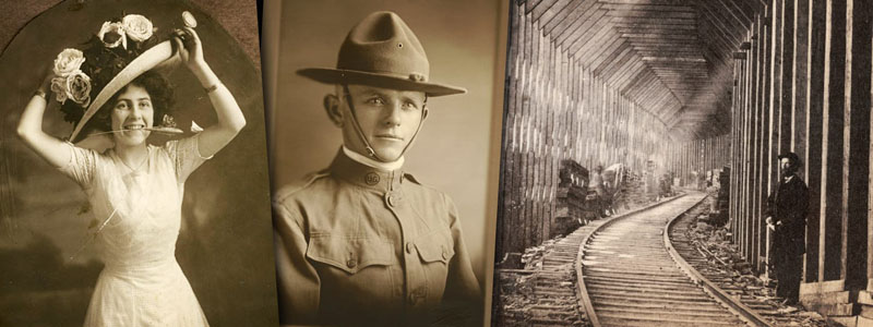 Old photos of a woman wearing a hat, a soldier in uniform, and rails and a man standing