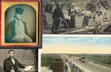 Collage of four images depicting Theodore Judah, three unknown miners and a woman posed around a long-tom, the Yolo Bypass, and a portrait of an unknown man, possibly Abraham Lincoln, seated at a desk.