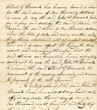 scan of deed of sale for a woman and her infant son, dated April 14, 1836
