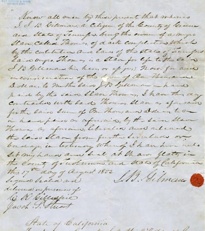 scan of Freedom Papers belonging to Thomas Gilman, dated August 17, 1852