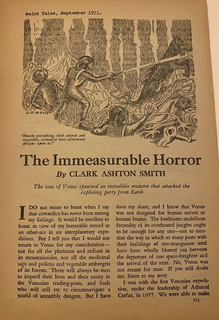 Color photo of a yellowed book page titled Weird Tales, September 1931.  The page contains a black and white drawing and text from The Immeasurable Horror by Clark Ashton Smith.