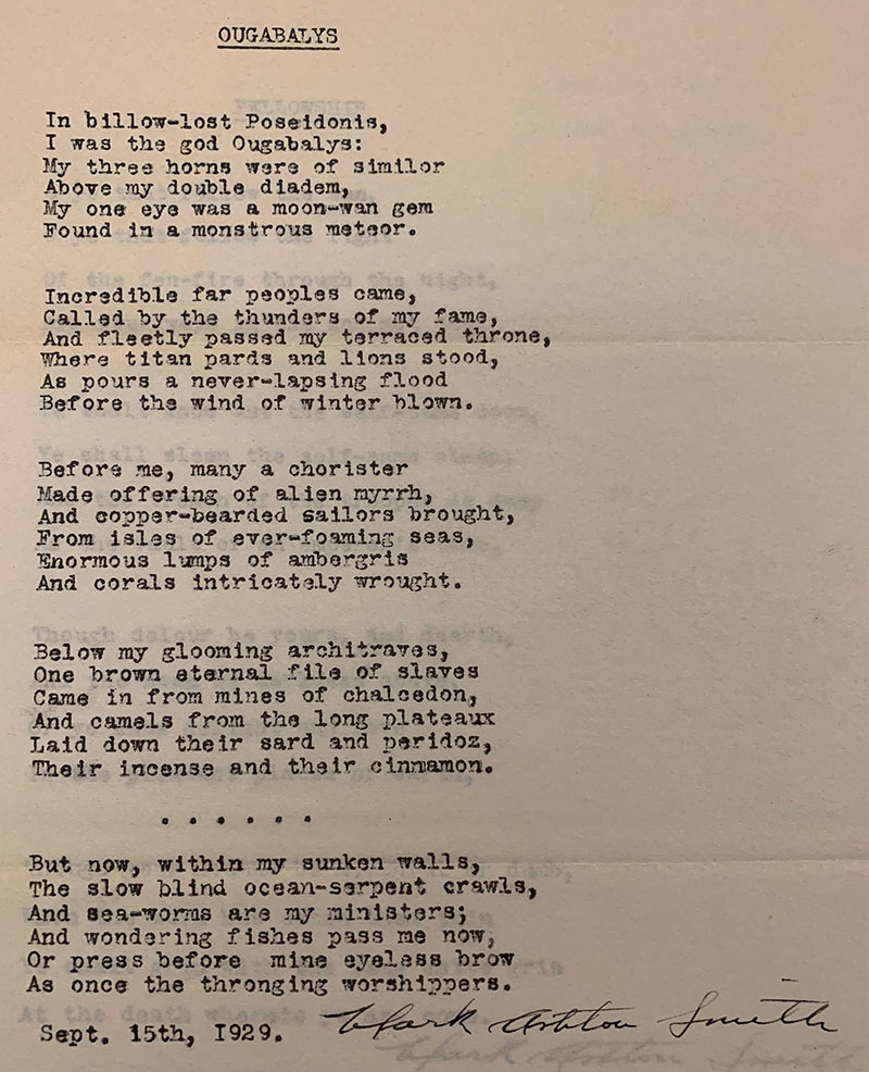 Color photo of a typewritten page with a poem titled Ougabalys, dated September 15th, 1929.  The signature of Calrk Ashton Smith is at the bottom right.