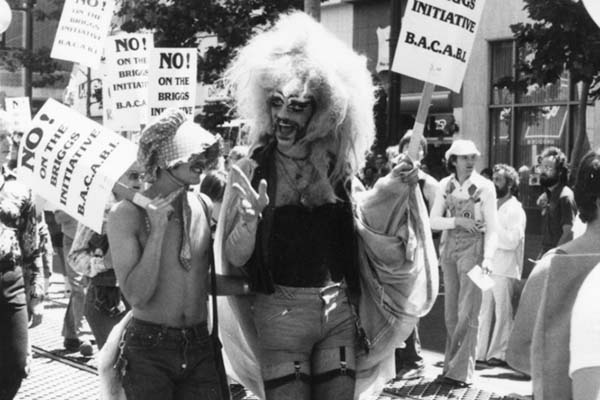Drag Queen marching at a "No on the Briggs Initiative" rally