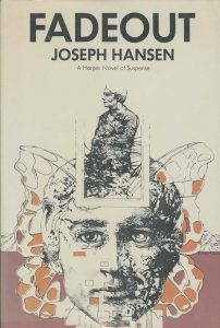 Front cover of Fadeout showing the book title, author name and an image of a man’s face with butterfly wings behind him and a profile of another man superimposed above him.