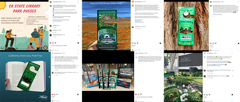 Screenshots of Instagram posts from Woodland Library, Downey, Folsom, Compton, and Mill Valley, all featuring the California State Library Parks Pass.