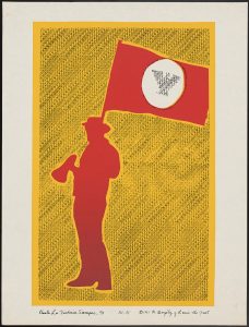 A red silhouette of a man holding a megaphone in one hand and a flag in the other standing in front of a yellow background with repeated text that reads “viva la huelga viva la manana.”