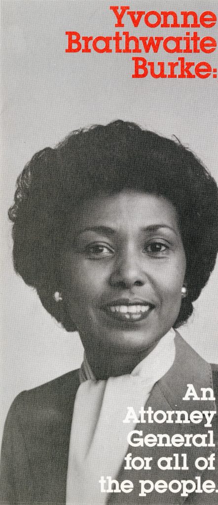 Pamphlet titled “Yvonne Brathwaite Burke: An Attorney General for All of the People” featuring a portrait of Yvonne Brathwaite Burke.