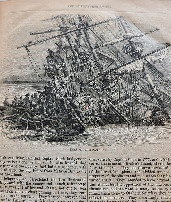 Page from a book featuring a pencil drawing of sailors abandoning a sinking ship.